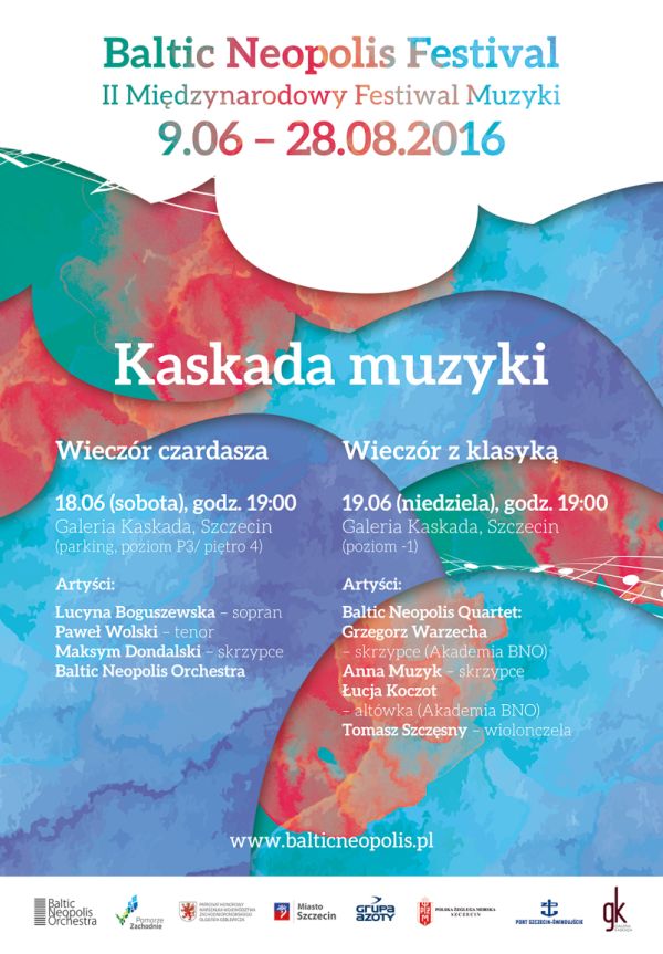 Plakat Baltic Neopolis Orchestra II Międzynarodowego Festiwalu Muzyki Kaskada Muzyki w zimnej tonacji kolorystycznej (niebiesko-czerwono-zielonej)