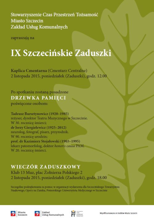 Plakat w kolorze oliwkowym z terminem 9 Szczecińskich Zaduszek, zarys dębowego liścia