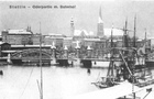 Nie istniejący most Dworcowy oraz zimowa panorama miasta z zabudową w rejonie placu Tobruckiego, ok. 1915 roku.
