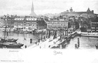 Panorama miasta od strony nie istniejącego dziś mostu Kłodnego. W tle wieża kościoła Św. Jakuba oraz zamek Książąt Pomorskich. (1898 r.)