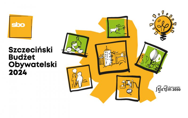 Plakat Szczecińskiego Budżetu Obywatelskiego - żółty kles w tle, wokół ramki z symbolami pomysłów mieszkańców jak np. człowiek na rowerze, spacerowicze, psy, kwiaty na rabatach itp.
