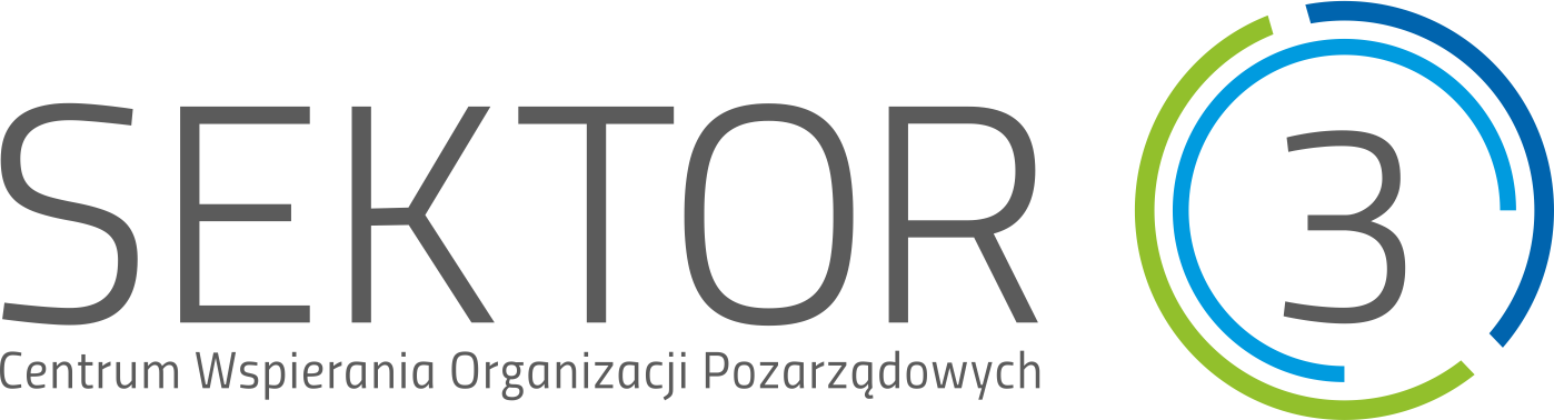 Logo Fundacji sektor 3 - na białym tle czarny napis Sektor 3 Centrum wspierania Organizacji Pozarządowych. Wokół cyfry trzy w dwie obręcze w kolorach zielonym, błekitnym i zielonym