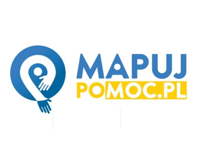 Logo z napisem  Mapuj Pomoc kolor niebieski i żółty