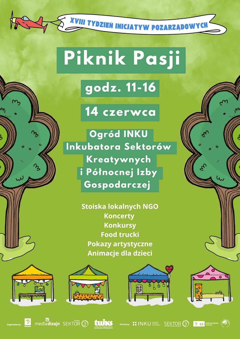 Ulotka imprezy. Rysunek przedstawia zielone tło, bo bokach namalowane drzewa, po środku stoiska pod namiotami. Nad wszystkim samolot ze wstęgą, na której widenije napis XVIII tydzień Inicjatyw Pozarządowych. Ponadto napis Piknik Pasji  oraz informacje organizacyjne, które znajdują się w tekście newsa.