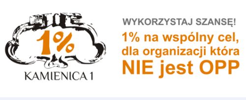 Hasło kampanii, pomarańczowe i czarne litery na białym tle, znaczek 1% w obramowaniu gzymsika