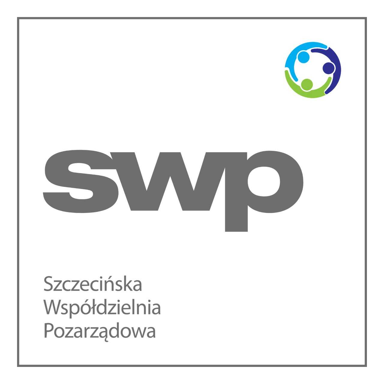 Logo współdzielni. Na białym tle szary napis SWP Szczecińska współdzielnia pozarzadowa. Do dakowo mały okrągły logotyp