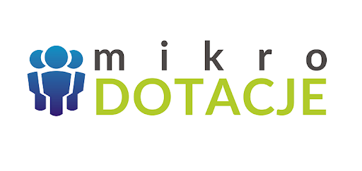 Logo mikrodotacji - na białym tle logotyp składający się z trzech niebieskich ludzików i napisu mikrodotacje