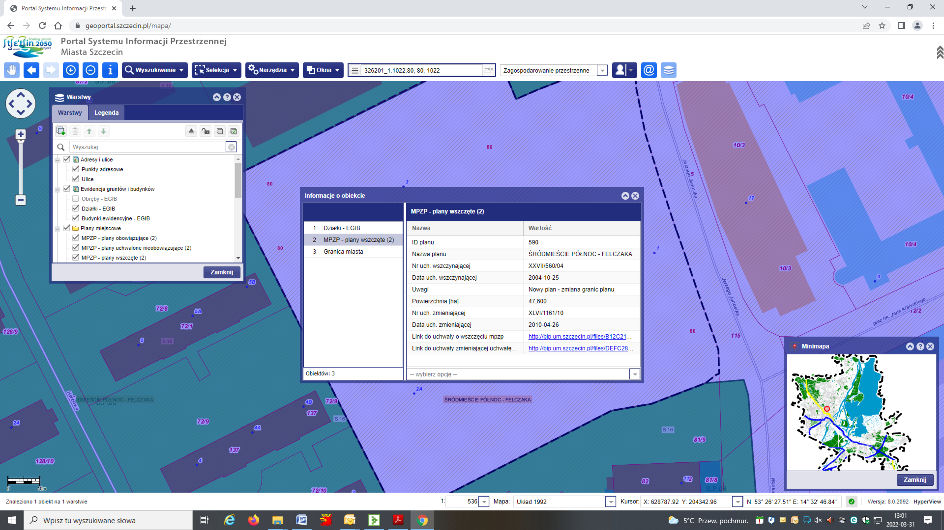 zrzut ekranu Portalu Systemu Informacji Przestrzennej Miasta Szczecin