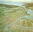 Widok ogólny Szczecina i okolic z lotu ptaka. Reprodukcja karty pocztowej przedstawiająca akwarelę J. von Ruepa z 1928 roku. (kolor)